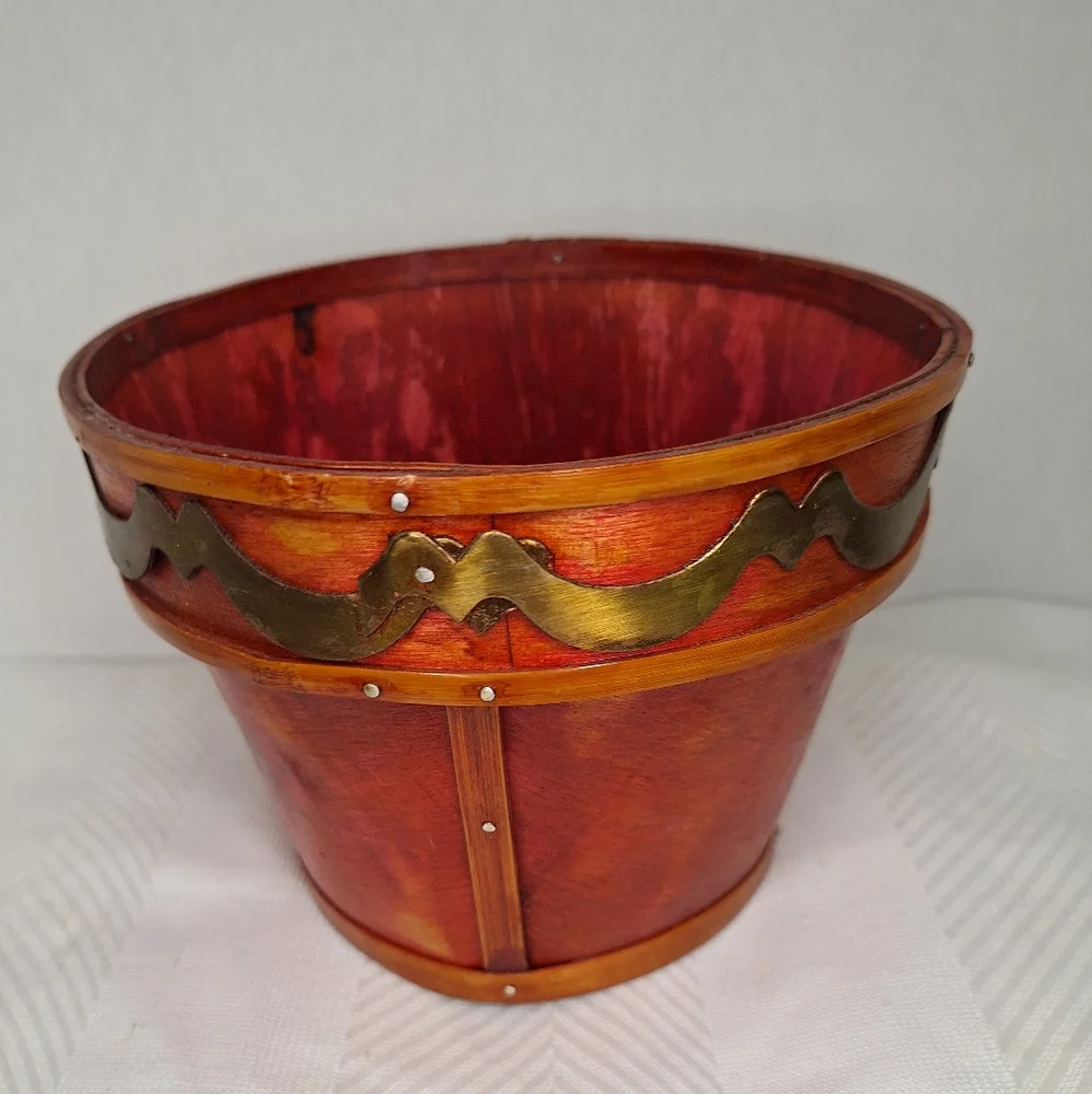 Fruit-Themed Decorative Wooden Basket w Brass Accent.